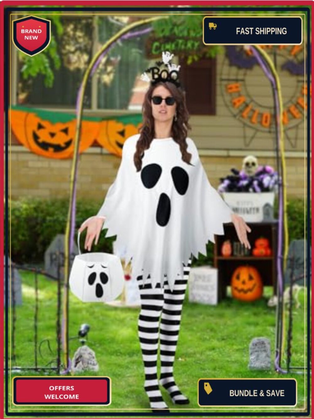 5 Pc Ghost Halloween Costume Kit Poncho Headband Tights Candy Bag Cosplay - Picture 5 of 6